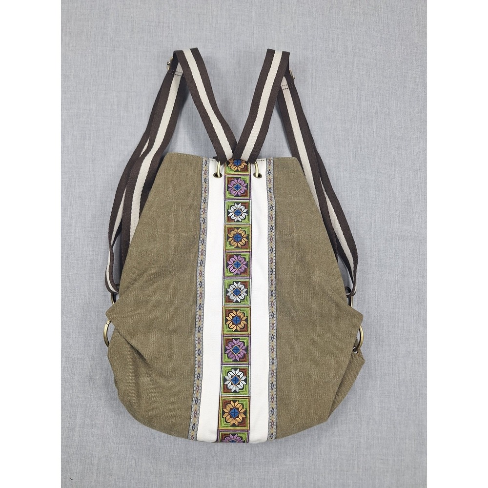 Olive Green Canvas Backpack Embroidered Floral Boho Festival Daypack Bag
